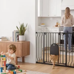 VEVOR Baby Gate for Stairs, 29.5-43 in Adjustable Width, Baby Gate with Adjustable Cat Door, with Pressure Mount Kit and Wall Mount Kit, Secure Metal Pet Door for Stairs, Doorways, and House, Black