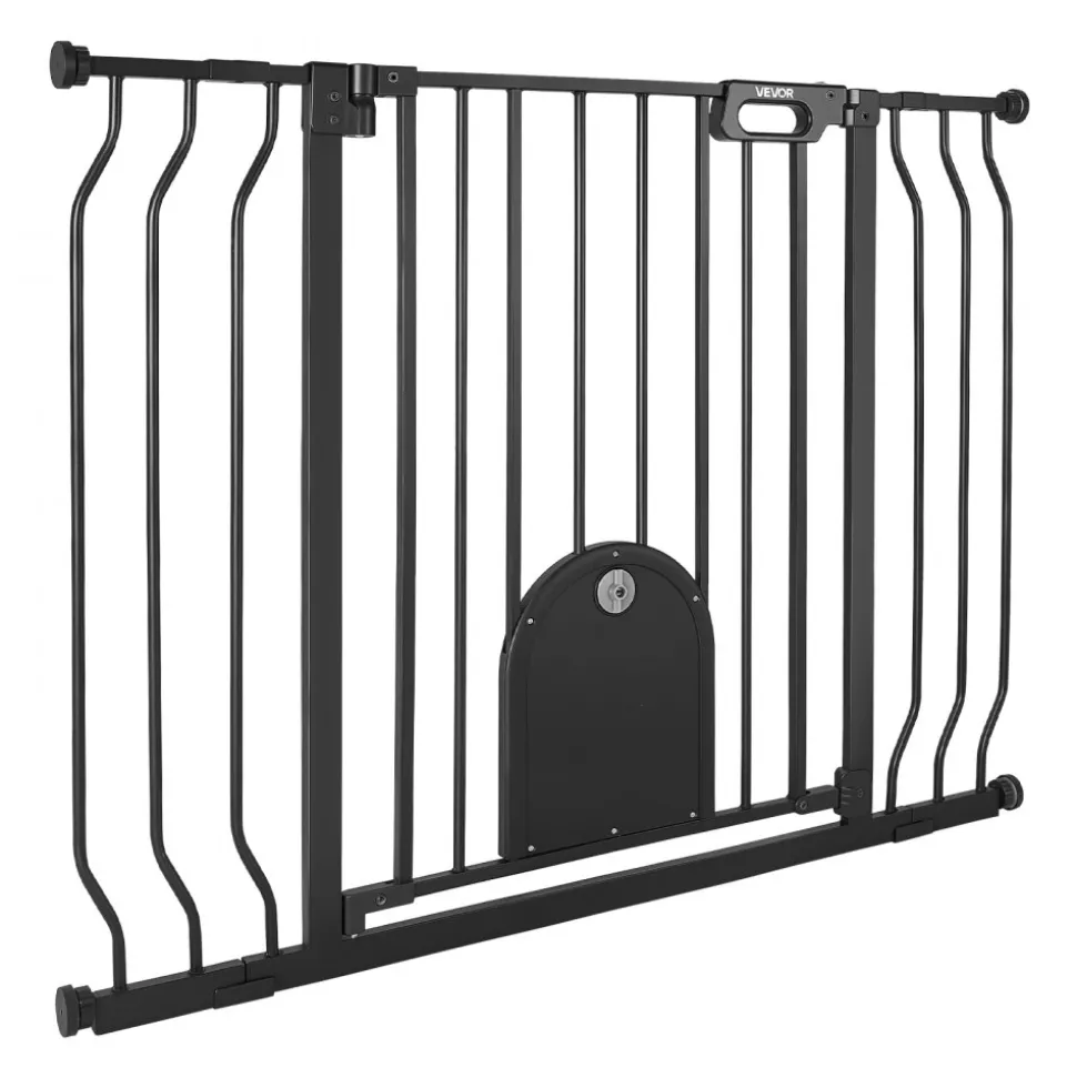 VEVOR Baby Gate for Stairs, 29.5-43 in Adjustable Width, Baby Gate with Adjustable Cat Door, with Pressure Mount Kit and Wall Mount Kit, Secure Metal Pet Door for Stairs, Doorways, and House, Black