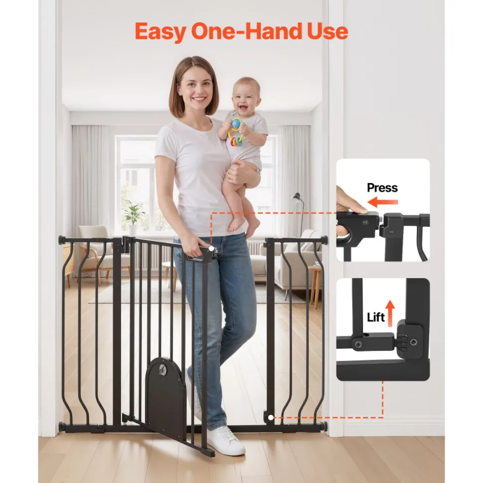 VEVOR Baby Gate for Stairs, 29.5-43 in Adjustable Width, Baby Gate with Adjustable Cat Door, with Pressure Mount Kit and Wall Mount Kit, Secure Metal Pet Door for Stairs, Doorways, and House, Black