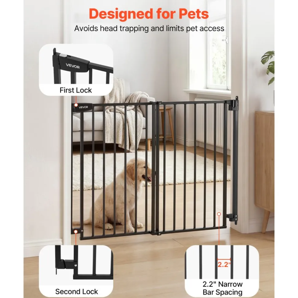 VEVOR Baby Gate for Stairs, 28-43 in Adjustable Width, 36 in High Dog Gate, No Bottom Bar, One-Handed Operation, Easy Drilling Installation with Hardware Kit, for Stairs, Doorways, and House, Black