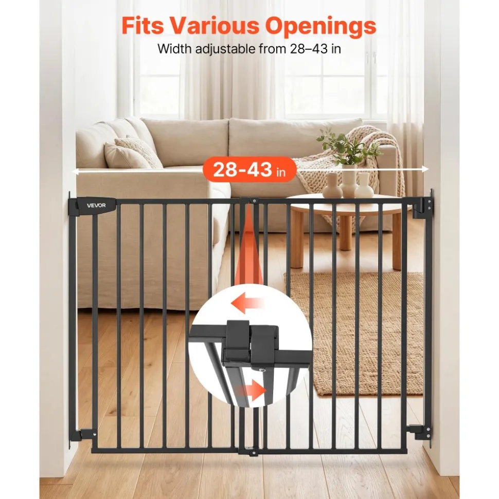 VEVOR Baby Gate for Stairs, 28-43 in Adjustable Width, 36 in High Dog Gate, No Bottom Bar, One-Handed Operation, Easy Drilling Installation with Hardware Kit, for Stairs, Doorways, and House, Black