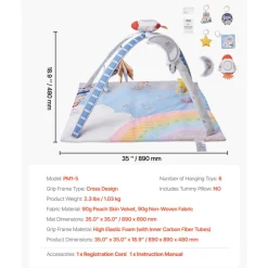 VEVOR Baby Play Gym Mat, Tummy Time Mat with 6 Sensory Toys, Baby Activity Mat with Light-up Musical Rocket Toy for 0-18 Month Newborn Infant, Baby Essential Gift for Sensory & Motor Skill Development