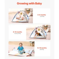 VEVOR Baby Play Gym Mat, Tummy Time Mat with 6 Sensory Toys, Baby Activity Mat with Light-up Musical Rocket Toy for 0-18 Month Newborn Infant, Baby Essential Gift for Sensory & Motor Skill Development