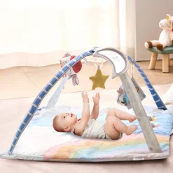 VEVOR Baby Play Gym Mat, Tummy Time Mat with 6 Sensory Toys, Baby Activity Mat with Light-up Musical Rocket Toy for 0-18 Month Newborn Infant, Baby Essential Gift for Sensory & Motor Skill Development