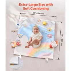 VEVOR Baby Play Gym Mat, Tummy Time Mat with 6 Sensory Toys, Baby Activity Mat with Light-up Musical Rocket Toy for 0-18 Month Newborn Infant, Baby Essential Gift for Sensory & Motor Skill Development