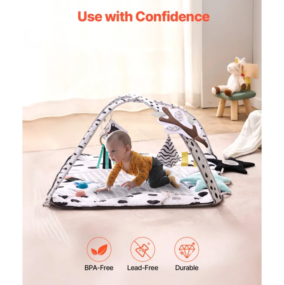 VEVOR Baby Play Gym Mat, Tummy Time Mat with 6 Sensory Toys, Baby Activity Mat with 2 Touch Balls & Soft Fabric for Sensory & Motor Skill Development, Baby Essential Gift for 0-18 Month Newborn Infant