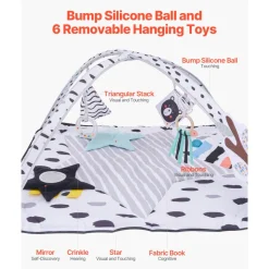 VEVOR Baby Play Gym Mat, Tummy Time Mat with 6 Sensory Toys, Baby Activity Mat with 2 Touch Balls & Soft Fabric for Sensory & Motor Skill Development, Baby Essential Gift for 0-18 Month Newborn Infant