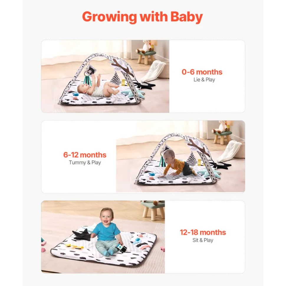VEVOR Baby Play Gym Mat, Tummy Time Mat with 6 Sensory Toys, Baby Activity Mat with 2 Touch Balls & Soft Fabric for Sensory & Motor Skill Development, Baby Essential Gift for 0-18 Month Newborn Infant