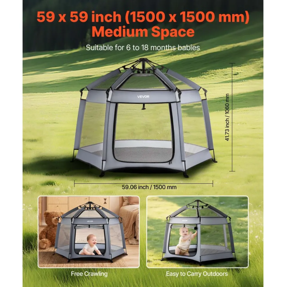 VEVOR Baby Playpen, Pop Up Toddler Playpen with Canopy, Indoor & Outdoor Portable Play Yard for Babies Toddlers with UPF 50+ Sunshades & Travel Bag for Home Park Beach, Foldable and Lightweight