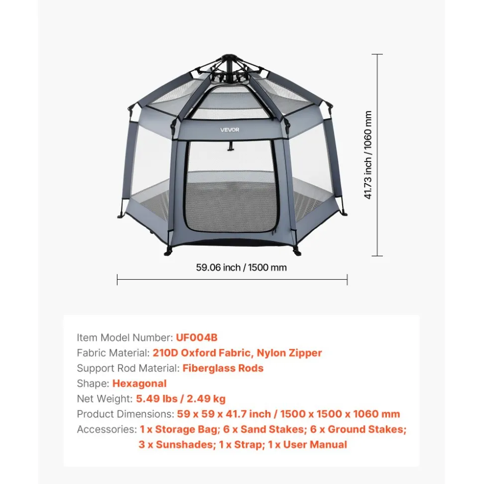 VEVOR Baby Playpen, Pop Up Toddler Playpen with Canopy, Indoor & Outdoor Portable Play Yard for Babies Toddlers with UPF 50+ Sunshades & Travel Bag for Home Park Beach, Foldable and Lightweight