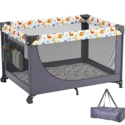 VEVOR Baby Playpen Travel Crib, Quick-Folding Playpen for Baby & Toddler, Portable Baby Fence Play Yard with Wheels, Breathable Mesh & Travel Bag, Indoor/Outdoor Kids Activity Center for 0-36 Months