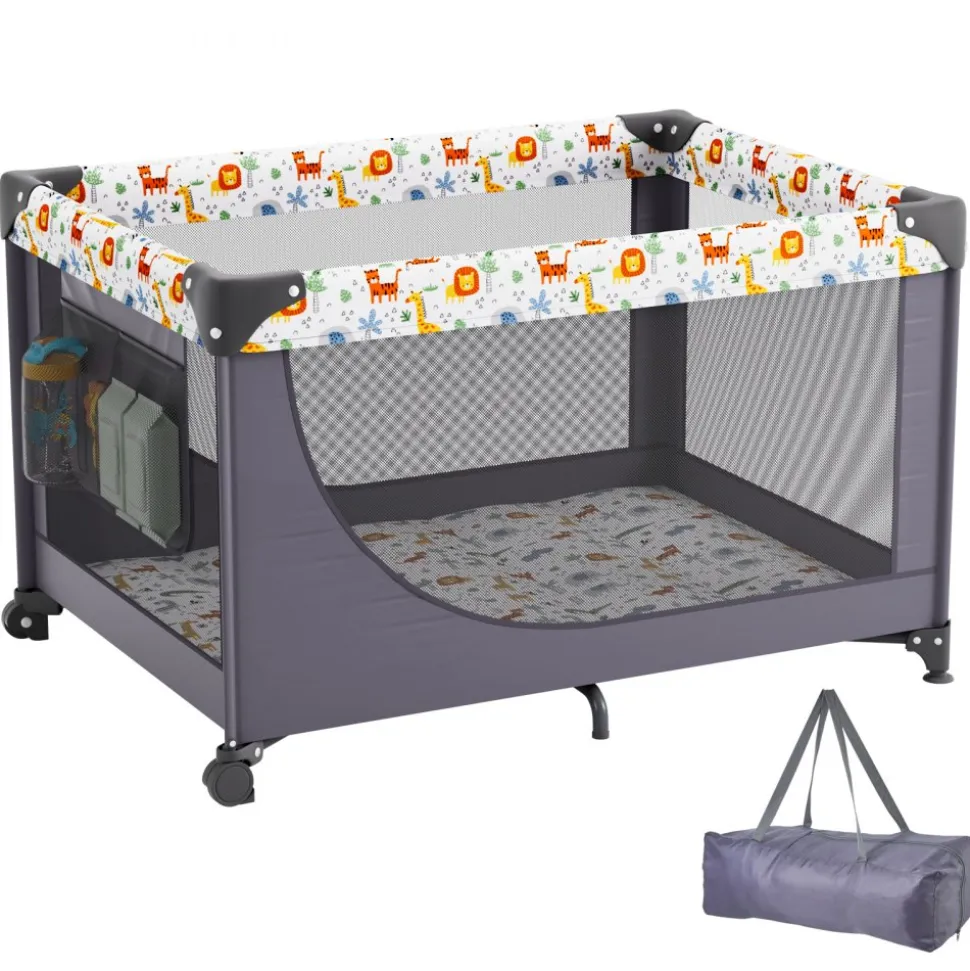 VEVOR Baby Playpen Travel Crib, Quick-Folding Playpen for Baby & Toddler, Portable Baby Fence Play Yard with Wheels, Breathable Mesh & Travel Bag, Indoor/Outdoor Kids Activity Center for 0-36 Months