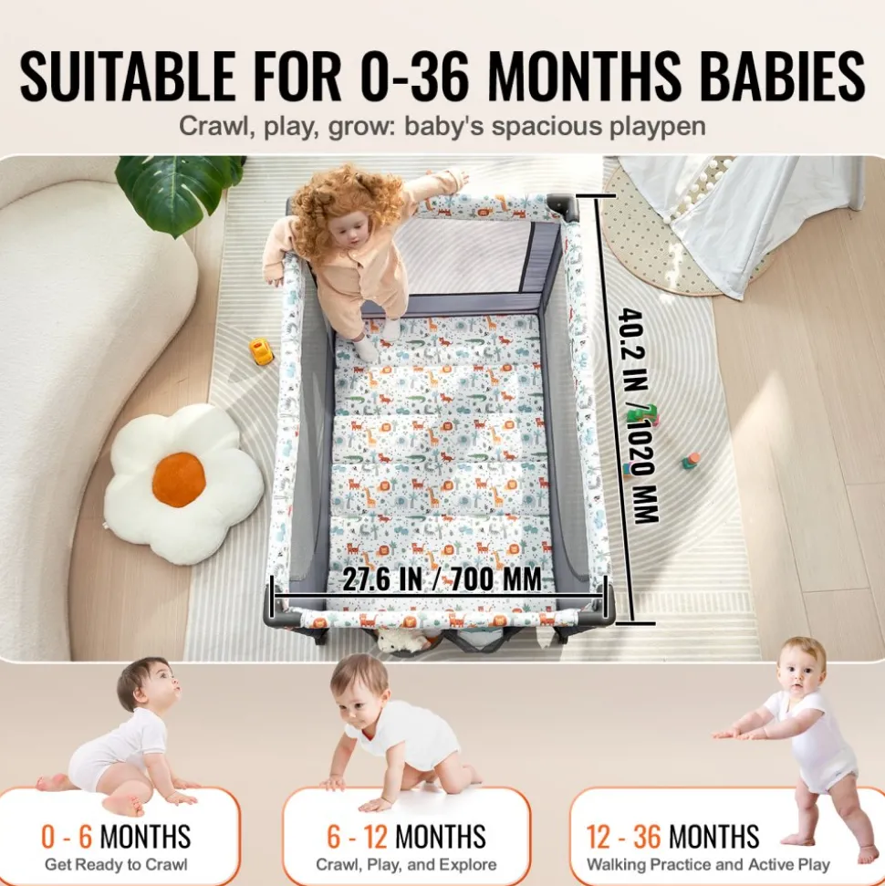 VEVOR Baby Playpen Travel Crib, Quick-Folding Playpen for Baby & Toddler, Portable Baby Fence Play Yard with Wheels, Breathable Mesh & Travel Bag, Indoor/Outdoor Kids Activity Center for 0-36 Months