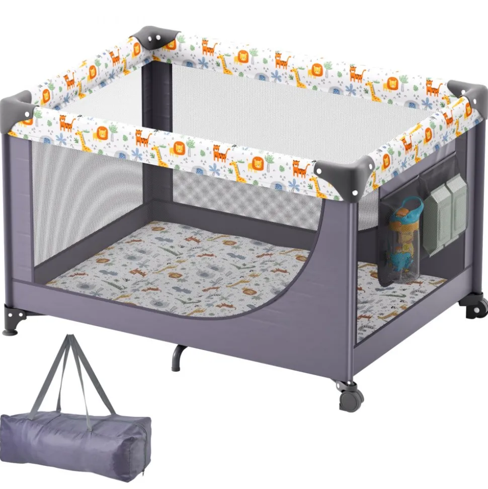 VEVOR Baby Playpen Travel Crib, Quick-Folding Playpen for Baby & Toddler, Portable Baby Fence Play Yard with Wheels, Breathable Mesh & Travel Bag, Indoor/Outdoor Kids Activity Center for 0-36 Months