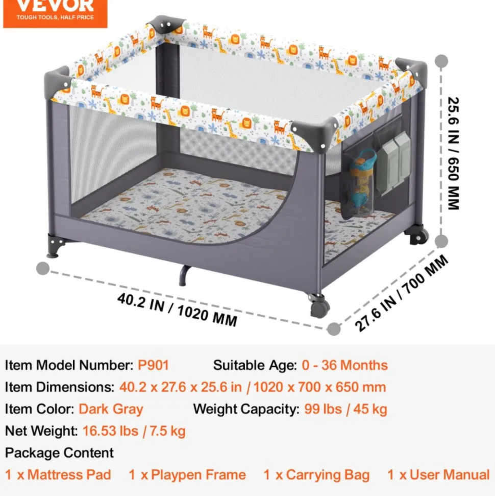 VEVOR Baby Playpen Travel Crib, Quick-Folding Playpen for Baby & Toddler, Portable Baby Fence Play Yard with Wheels, Breathable Mesh & Travel Bag, Indoor/Outdoor Kids Activity Center for 0-36 Months