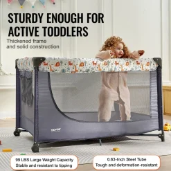 VEVOR Baby Playpen Travel Crib, Quick-Folding Playpen for Baby & Toddler, Portable Baby Fence Play Yard with Wheels, Breathable Mesh & Travel Bag, Indoor/Outdoor Kids Activity Center for 0-36 Months
