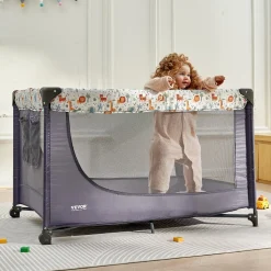 VEVOR Baby Playpen Travel Crib, Quick-Folding Playpen for Baby & Toddler, Portable Baby Fence Play Yard with Wheels, Breathable Mesh & Travel Bag, Indoor/Outdoor Kids Activity Center for 0-36 Months