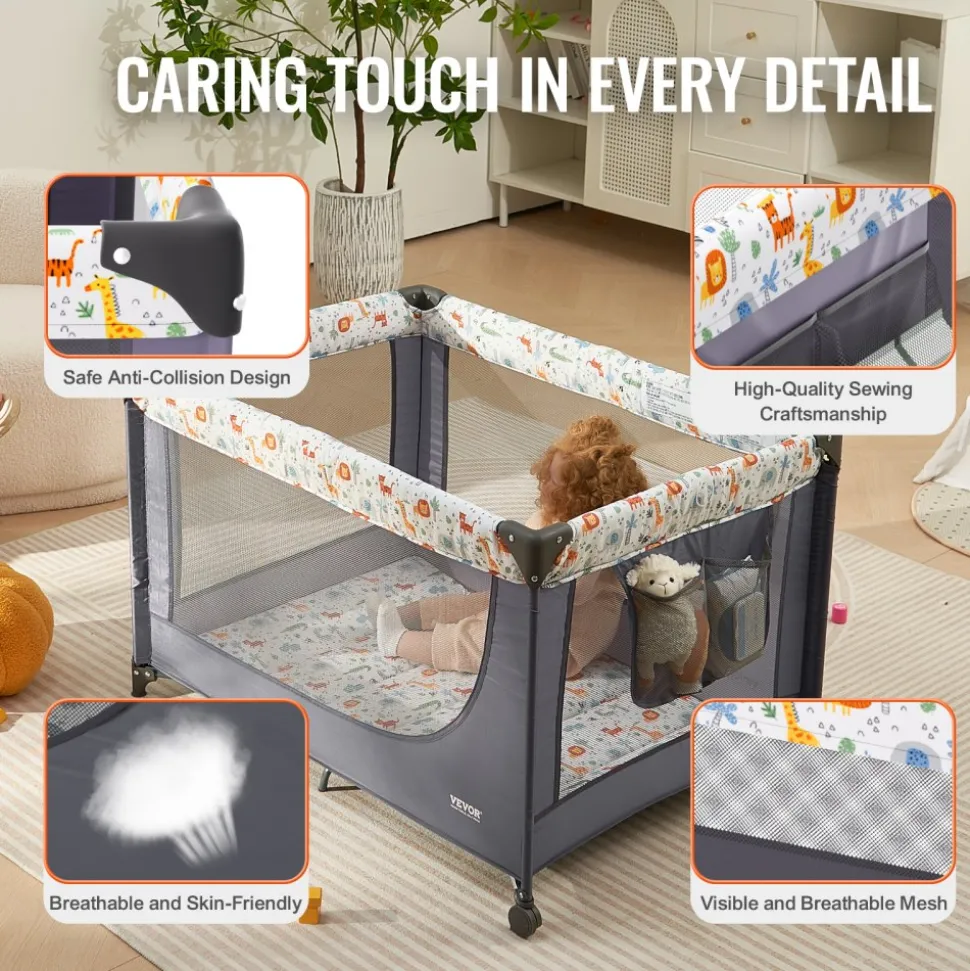VEVOR Baby Playpen Travel Crib, Quick-Folding Playpen for Baby & Toddler, Portable Baby Fence Play Yard with Wheels, Breathable Mesh & Travel Bag, Indoor/Outdoor Kids Activity Center for 0-36 Months