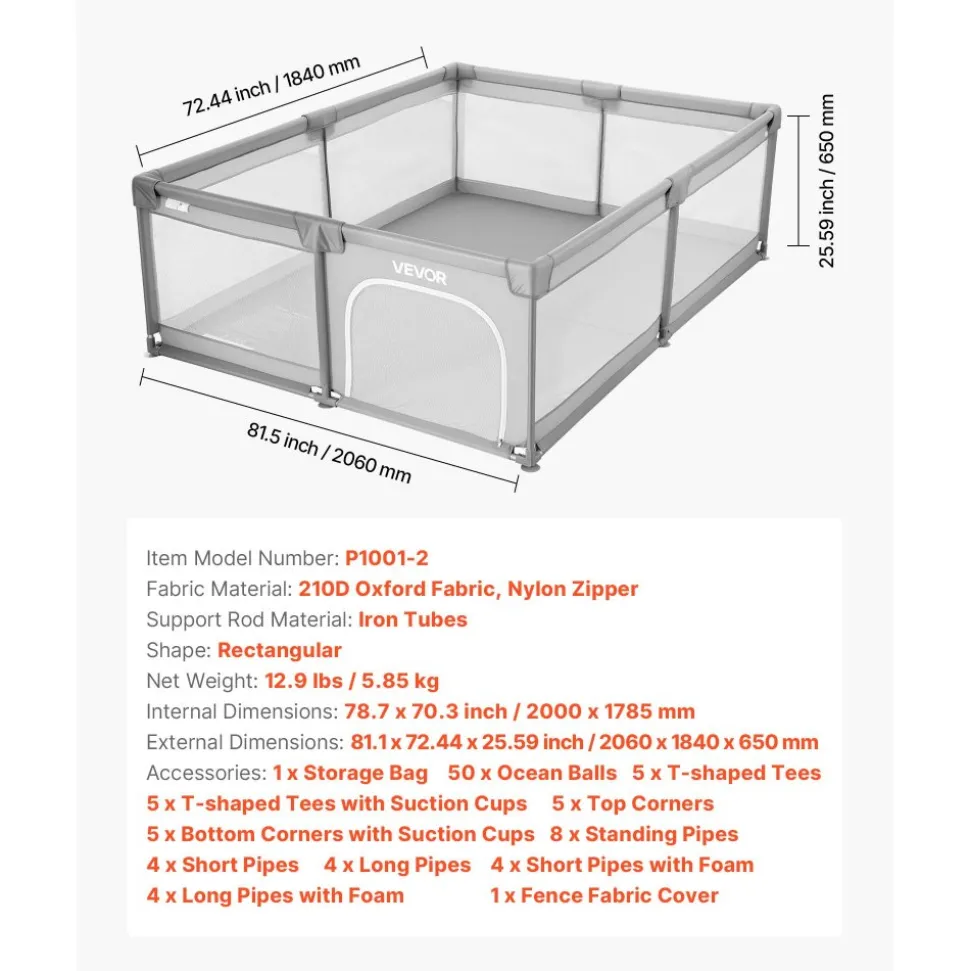 VEVOR Baby Playpen, 78.7″ x 70.3″ Extra Large Playpen for Babies Toddlers, Indoor/Outdoor Baby Fence Play Yard, No-Gap Safety Activity Center with 50 Ocean Balls, Zippered Door & Soft Breathable Mesh