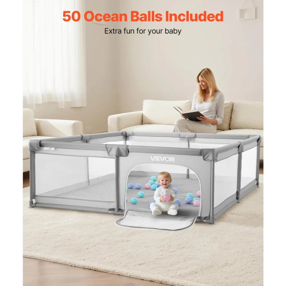 VEVOR Baby Playpen, 78.7″ x 70.3″ Extra Large Playpen for Babies Toddlers, Indoor/Outdoor Baby Fence Play Yard, No-Gap Safety Activity Center with 50 Ocean Balls, Zippered Door & Soft Breathable Mesh