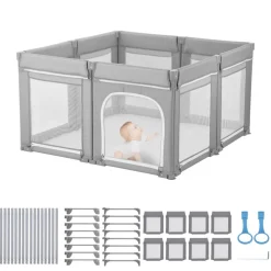 VEVOR Baby Playpen, 47.2″ x 47.2″ Foldable Toddlers Playpen, Indoor/Outdoor Baby Fence Play Yard with Zippered Door & Soft Breathable Mesh, No-Gap Toddlers Activity Center for 6 -24 Months Babies