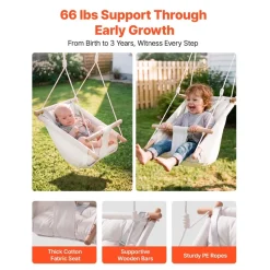 VEVOR Baby Swing 66 lbs Weight Capacity 3 Modes Canvas Hammock Swing White, for Indoor and Outdoor, 5-Point Harness and Tree Straps, Wooden Hanging Seat with Integrated Cushion for Baby to Toddler