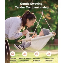 VEVOR Baby Swing 66 lbs Weight Capacity 3 Modes Canvas Hammock Swing White, for Indoor and Outdoor, 5-Point Harness and Tree Straps, Wooden Hanging Seat with Integrated Cushion for Baby to Toddler