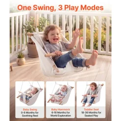 VEVOR Baby Swing 66 lbs Weight Capacity 3 Modes Canvas Hammock Swing White, for Indoor and Outdoor, 5-Point Harness and Tree Straps, Wooden Hanging Seat with Integrated Cushion for Baby to Toddler
