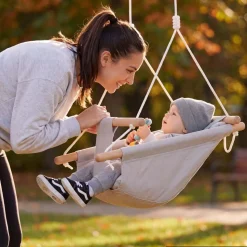 VEVOR Baby Swing 66 lbs Weight Capacity 3 Modes Canvas Hammock Swing Gray, for Indoor and Outdoor, 5-Point Harness and Tree Straps, Wooden Hanging Seat with Integrated Cushion for Baby to Toddler