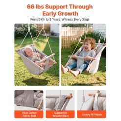 VEVOR Baby Swing 66 lbs Weight Capacity 3 Modes Canvas Hammock Swing Gray, for Indoor and Outdoor, 5-Point Harness and Tree Straps, Wooden Hanging Seat with Integrated Cushion for Baby to Toddler