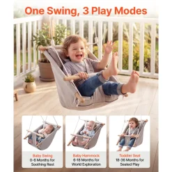 VEVOR Baby Swing 66 lbs Weight Capacity 3 Modes Canvas Hammock Swing Gray, for Indoor and Outdoor, 5-Point Harness and Tree Straps, Wooden Hanging Seat with Integrated Cushion for Baby to Toddler