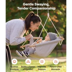 VEVOR Baby Swing 66 lbs Weight Capacity 3 Modes Canvas Hammock Swing Gray, for Indoor and Outdoor, 5-Point Harness and Tree Straps, Wooden Hanging Seat with Integrated Cushion for Baby to Toddler