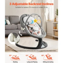 VEVOR Baby Swing, 5-Speed Baby Rocker with 3 Seat Position, Portable Infant Swing for Newborn with PVC Touch Panel, Remote Control, Bluetooth, 10 Lullabies & Toy Bar for 0-9 Month/0-20 lbs Boys Girls