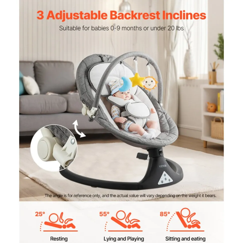 VEVOR Baby Swing, 5-Speed Baby Rocker with 3 Seat Position, Portable Infant Swing for Newborn with PVC Touch Panel, Remote Control, Bluetooth, 10 Lullabies & Toy Bar for 0-9 Month/0-20 lbs Boys Girls