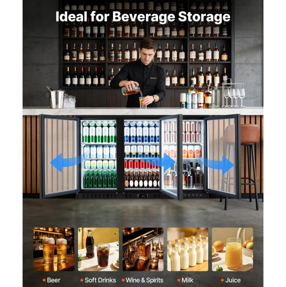 VEVOR Back Bar Cooler, 11.4 Cu.Ft Commercial Beverage Refrigerator with 3 Glass Door, Large Under Counter Fridge w/ LED Lighting, Shelf, Low-E Glass Display Cooler for Store, Lobby, Restaurant, Pub