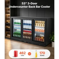 VEVOR Back Bar Cooler, 11.4 Cu.Ft Commercial Beverage Refrigerator, 3 Sliding Glass Doors, Fan Cooling Under Counter Beer Fridge w/ LED Lighting, Shelves, Low-E Glass Display for Drinks, Bar, Store