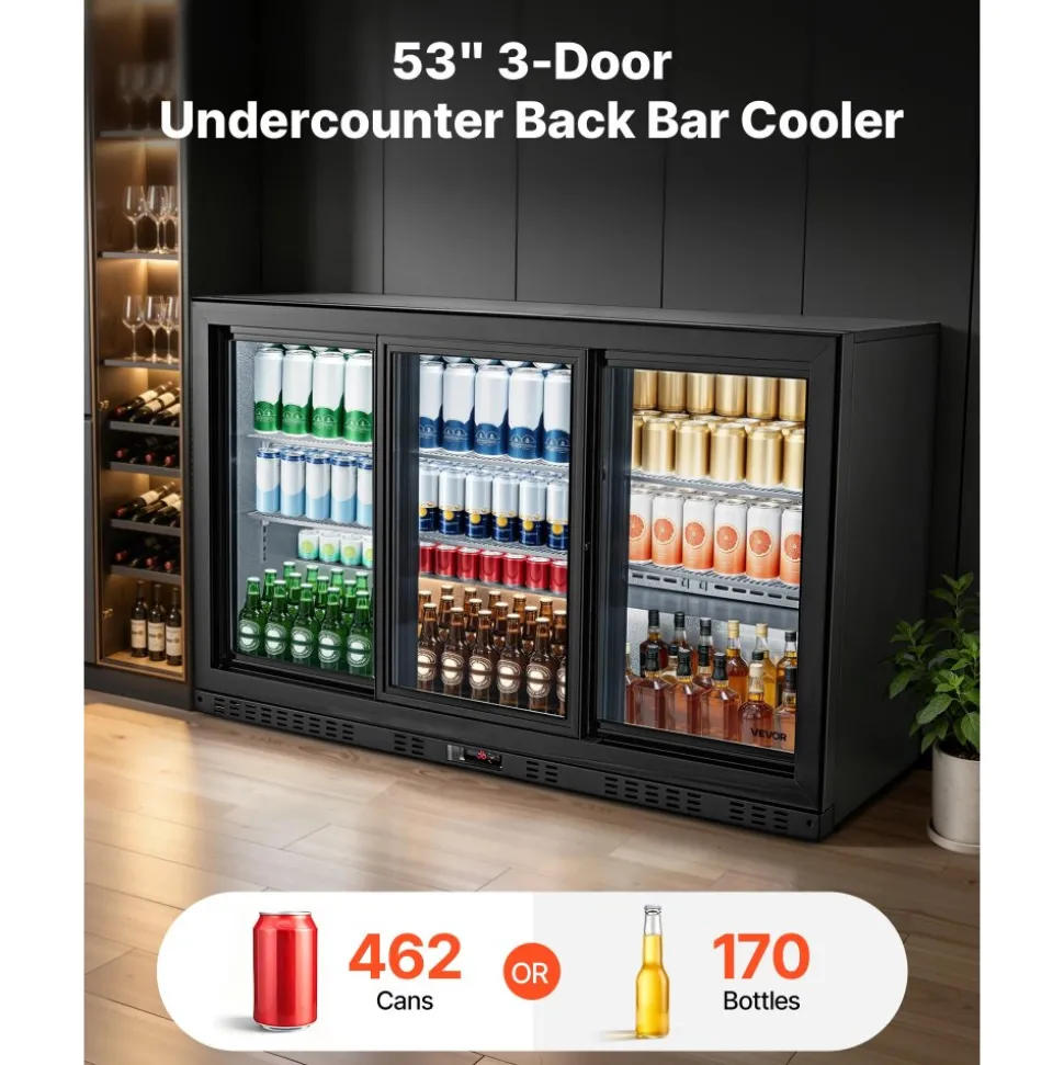 VEVOR Back Bar Cooler, 11.4 Cu.Ft Commercial Beverage Refrigerator, 3 Sliding Glass Doors, Fan Cooling Under Counter Beer Fridge w/ LED Lighting, Shelves, Low-E Glass Display for Drinks, Bar, Store