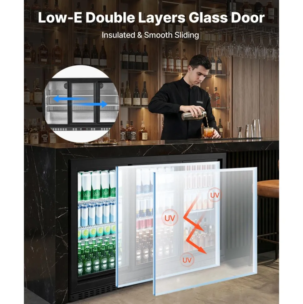 VEVOR Back Bar Cooler, 11.4 Cu.Ft Commercial Beverage Refrigerator, 3 Sliding Glass Doors, Fan Cooling Under Counter Beer Fridge w/ LED Lighting, Shelves, Low-E Glass Display for Drinks, Bar, Store
