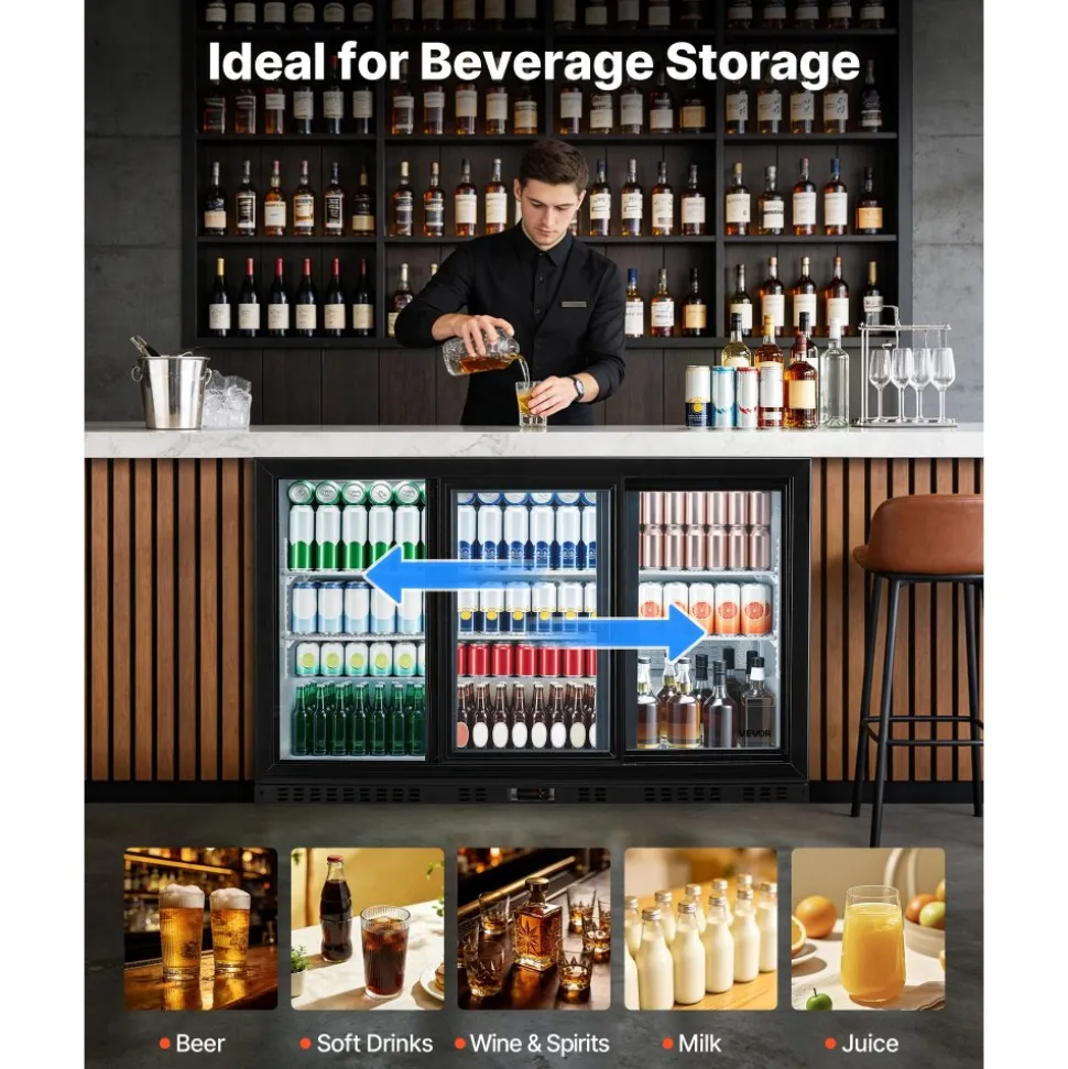 VEVOR Back Bar Cooler, 11.4 Cu.Ft Commercial Beverage Refrigerator, 3 Sliding Glass Doors, Fan Cooling Under Counter Beer Fridge w/ LED Lighting, Shelves, Low-E Glass Display for Drinks, Bar, Store