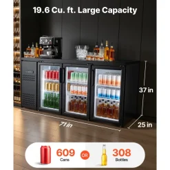 VEVOR Back Bar Cooler, 19.6 Cu. Ft Counter Height Beverage Refrigerator, Commercial Bar Display Fridge w/ 3 Glass Doors, LED Lighting, Fan Cooling Beer Wine Cooler for Pub, Merchandiser, Store