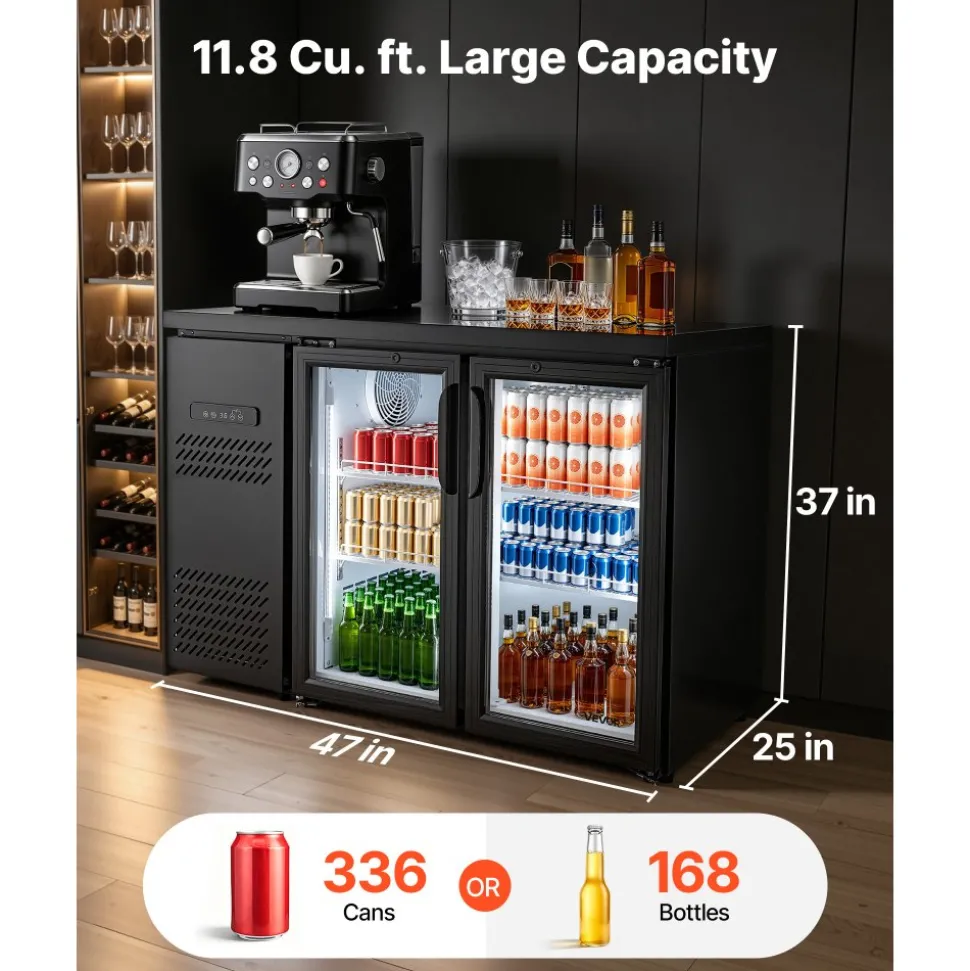 VEVOR Back Bar Cooler, 11.8 Cu. Ft Counter Height Beverage Refrigerator, Commercial Display Fridge w/ 2 Glass Doors, LED Lighting, Shelves, Fan Cooling Beer Wine Cooler for Pub, Merchandiser, Office