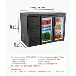 VEVOR Back Bar Cooler, 11.8 Cu. Ft Counter Height Beverage Refrigerator, Commercial Display Fridge w/ 2 Glass Doors, LED Lighting, Shelves, Fan Cooling Beer Wine Cooler for Pub, Merchandiser, Office