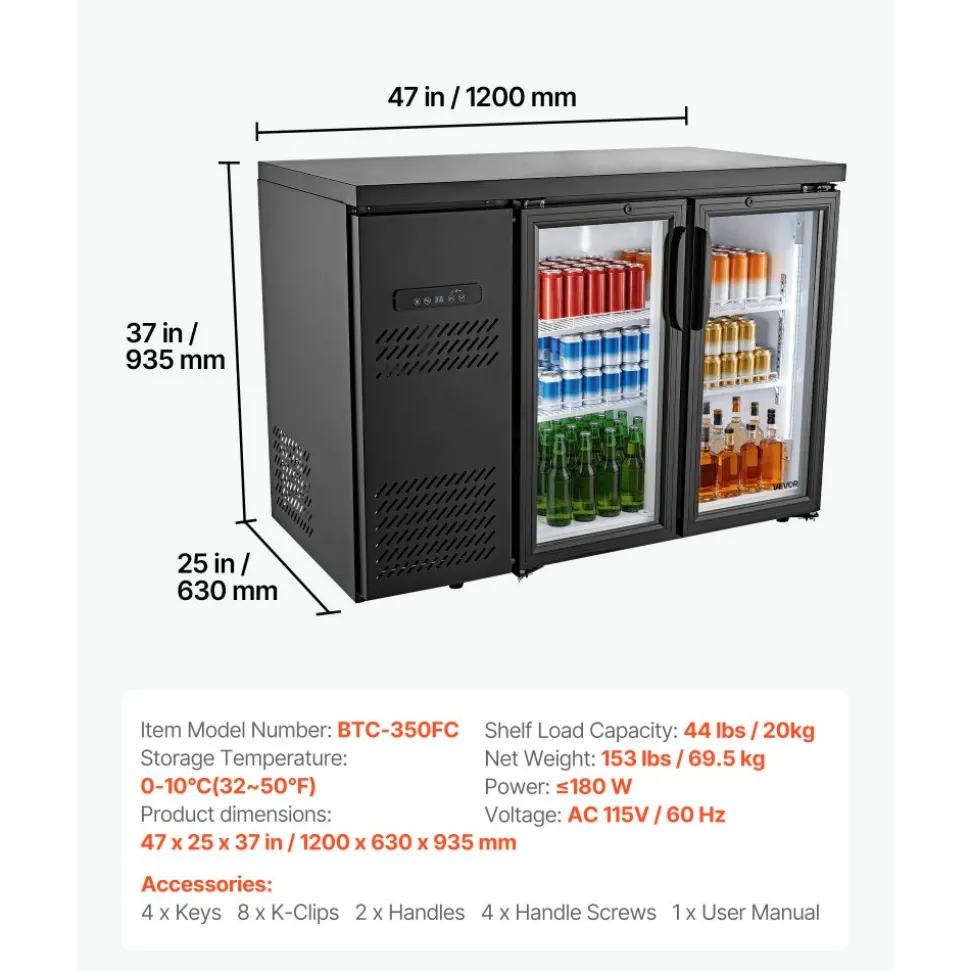 VEVOR Back Bar Cooler, 11.8 Cu. Ft Counter Height Beverage Refrigerator, Commercial Display Fridge w/ 2 Glass Doors, LED Lighting, Shelves, Fan Cooling Beer Wine Cooler for Pub, Merchandiser, Office