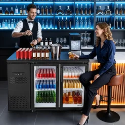 VEVOR Back Bar Cooler, 11.8 Cu. Ft Counter Height Beverage Refrigerator, Commercial Display Fridge w/ 2 Glass Doors, LED Lighting, Shelves, Fan Cooling Beer Wine Cooler for Pub, Merchandiser, Office