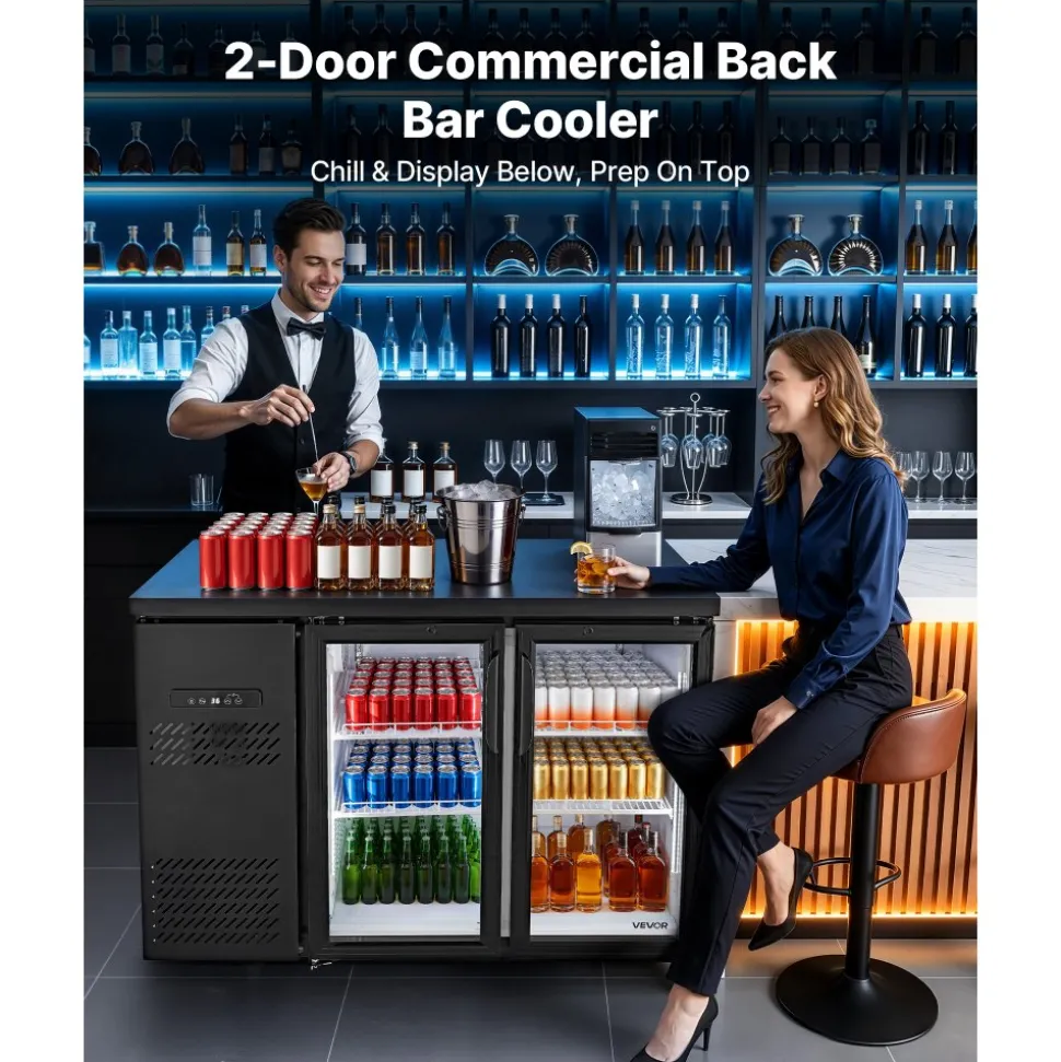 VEVOR Back Bar Cooler, 11.8 Cu. Ft Counter Height Beverage Refrigerator, Commercial Display Fridge w/ 2 Glass Doors, LED Lighting, Shelves, Fan Cooling Beer Wine Cooler for Pub, Merchandiser, Office