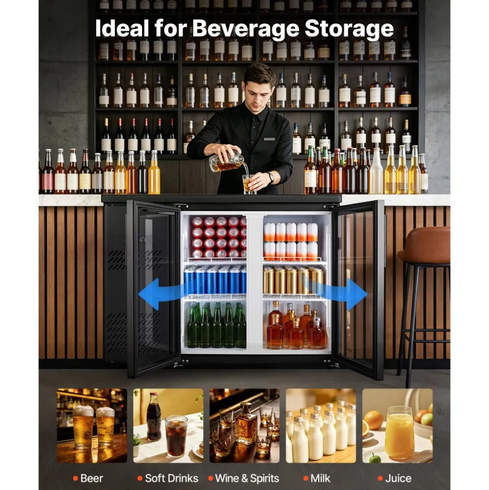 VEVOR Back Bar Cooler, 11.8 Cu. Ft Counter Height Beverage Refrigerator, Commercial Display Fridge w/ 2 Glass Doors, LED Lighting, Shelves, Fan Cooling Beer Wine Cooler for Pub, Merchandiser, Office