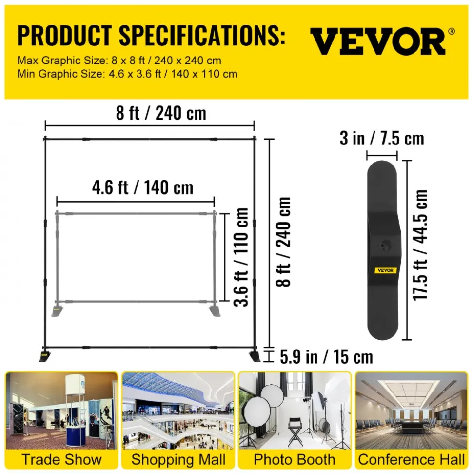 VEVOR Backdrop Banner Stand 8 x 8 Ft Adjustable Heavy Duty Background Stand with 1 Carrying Bag, Backdrop Stand for Parties Wedding Photo Booth Trade Show
