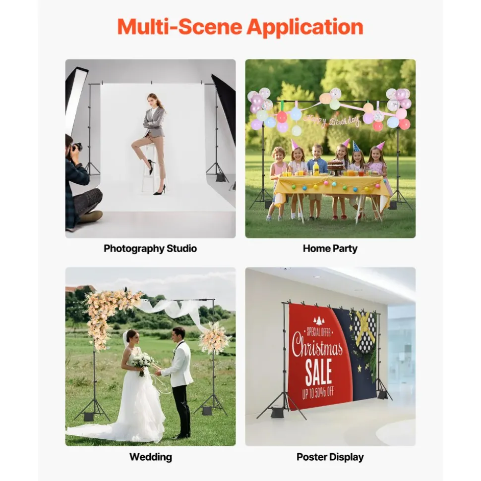 VEVOR Backdrop Stand, 7 x 10 ft Adjustable Photo Backdrop Stand Kit, Portable Background Backdrop Stand with 3 Crossbars, Heavy Duty Projector Screen Stand, for Wedding, Photo Video Studio & Party