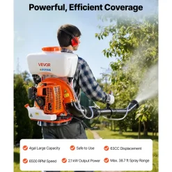 VEVOR Backpack Fogger Sprayer, 63CC 3HP Engine, Gas Powered Fogger Sprayer with 4 Gallon Tank, Powder and Liquid Mister Duster System for Effective Fleas Ticks Critters Control, Gardening & Farming
