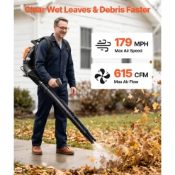 VEVOR Backpack Leaf Blower, 75.6CC 4-Stroke Engine Gas Powered Leaf Blower with 1.8L Fuel Tank, 615 CFM Air Volume, 179 MPH Air Speed, Ideal for Lawn Care, Leaves Cleaning, Yard Debris & Snow Removal